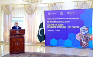 Prime Minister Muhammad Shehbaz Sharif addresses a ceremony with regard to elimination of TRACHOMA as a public health problem from Pakistan.