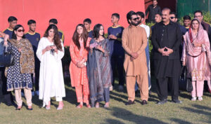 Zamurd Khan, Patron-in-Chief of Pakistan Sweet Homes watching Fastest Athlete' competition during the 100-meter race in the 'Search for the Fastest Athlete among Pakistan Sweet Home students and cadets at Sweet Home's Ground.