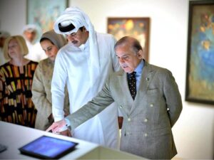 Prime Minister Muhammad Shehbaz Sharif, The Amir of Qatar, Shiekh Tamim Bin Hamad Al-Thani and his sister and Chairperson of Qatar Museums, Sheikha Al-Mayassa bint Hamad bin Khalifa al-Thani visit the gallery of Pakistani artworks titled "Manzar: Art and Architecture of Pakistan from 1940s to Today" in the National Museum of Qatar