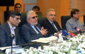 Chief Executive TDAP Muhammad Zubair Motiwala, along with secretary TDAP Sheryar Taj, addressing a media briefing regarding Textile and Leather Exhibition 2024.