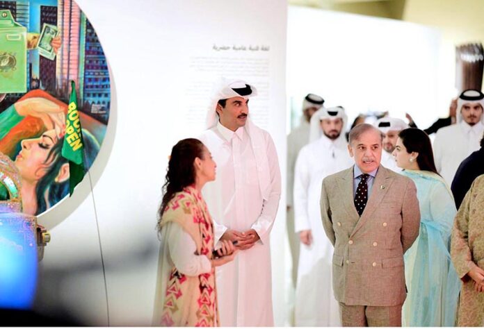 Prime Minister Muhammad Shehbaz Sharif, The Amir of Qatar, Shiekh Tamim Bin Hamad Al-Thani and his sister and Chairperson of Qatar Museums, Sheikha Al-Mayassa bint Hamad bin Khalifa al-Thani visit the gallery of Pakistani artworks titled 