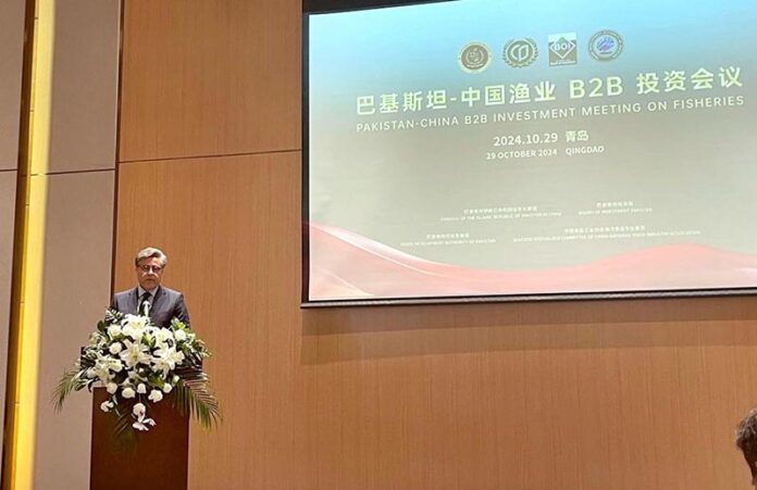 Ambassador of Pakistan to China Mr. Khalil Hashmi addresses at the first 'Pakistan-China B2B Investment Meeting' on Fisheries organized in Qingdao, Shandong province