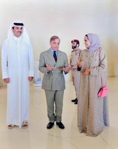Prime Minister Muhammad Shehbaz Sharif, The Amir of Qatar, Shiekh Tamim Bin Hamad Al-Thani and his sister and Chairperson of Qatar Museums, Sheikha Al-Mayassa bint Hamad bin Khalifa al-Thani visit the gallery of Pakistani artworks titled "Manzar: Art and Architecture of Pakistan from 1940s to Today" in the National Museum of Qatar