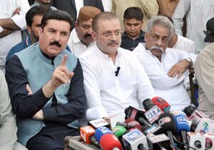 Governor KPK Faisal Kareem Kundi with Information Minister for Sindh Sharjeel Inam Memon addressing to press conference at bypass area.