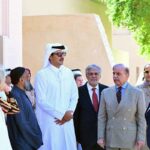 Prime Minister Muhammad Shehbaz Sharif, The Amir of Qatar, Shiekh Tamim Bin Hamad Al-Thani and his sister and Chairperson of Qatar Museums, Sheikha Al-Mayassa bint Hamad bin Khalifa al-Thani visit the gallery of Pakistani artworks titled "Manzar: Art and Architecture of Pakistan from 1940s to Today" in the National Museum of Qatar