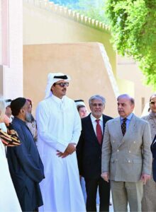 Prime Minister Muhammad Shehbaz Sharif, The Amir of Qatar, Shiekh Tamim Bin Hamad Al-Thani and his sister and Chairperson of Qatar Museums, Sheikha Al-Mayassa bint Hamad bin Khalifa al-Thani visit the gallery of Pakistani artworks titled "Manzar: Art and Architecture of Pakistan from 1940s to Today" in the National Museum of Qatar