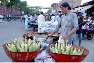 A vendor roasting corn cob to attracts customers near Nicholson Road.