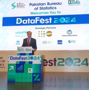 Federal Minister for Planning, Ahsan Iqbal addressing the inaugural ceremony of DataFest 2024, an event organized by the Pakistan Bureau of Statistics.