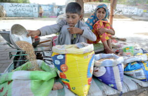 Children selling animal feed on footpath