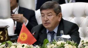 Chairman of the Cabinet of Ministers of Kyrgyzstan, Akylbek Zhaparov addresses the 23rd SCO Council of Heads of Governments Meeting.