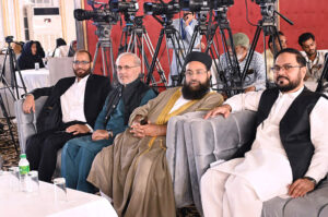 Chairman Pakistan Ulema Council, Maulana Tahir Mehmood Ashrafi and Shahid Mahmood Anwar at the Hajj seminar in a local hotel