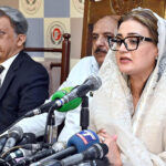 Provincial Minister for Information and Broadcasting, Uzma Bukhari, speaks at the Meet the Press event at the Press Club, accompanied by her Provincial Secretary for Information, Tahir Raza Hamdani