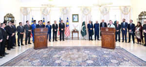 Prime Minister Muhammad Shehbaz Sharif and the Prime Minister of Malaysia, Dato' Seri Anwar Ibrahim address a joint press stakeout.