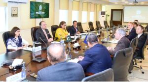 Federal Minister for Finance & Revenue, Senator Muhammad Aurangzeb in a meeting with a high level delegation from the Asian Development Bank at the Finance Division.