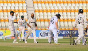 Pakistani bowler Sajid Khan celebrates after taking wicket of England batsman Ollie Pope during 2nd day of the Second Test Match between Pakistan and England at Multan Cricket Stadium.