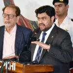 Governor Sindh Kamran Khan Tessori, talking to media persons during attending on the occasion of the German Artists performance in "Jazz Music," during World Culture Festival Karachi 2024 at Arts Council of Pakistan