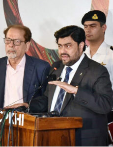 Governor Sindh Kamran Khan Tessori, talking to media persons during attending on the occasion of the German Artists performance in "Jazz Music," during World Culture Festival Karachi 2024 at Arts Council of Pakistan