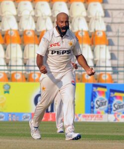 Pakistani bowler Sajid Khan celebrates after taking wicket of England batsman Ollie Pope during 2nd day of the Second Test Match between Pakistan and England at Multan Cricket Stadium.