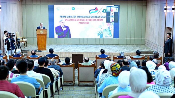 Prime Minister Muhammad Shehbaz Sharif addressing a ceremony held in honour of students of Palestine who recently arrived in Pakistan to complete their medical education