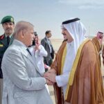 Prime Minister Muhammad Shehbaz Sharif departs from Riyadh to Doha after the completion of his two day official visit of KSA. Deputy Governor of Riyadh Region Abdulreham bin Abdulaziz seeing off Prime Minister Muhammad Shehbaz Sharif on his departure from Riyadh at King Khalid International Airport