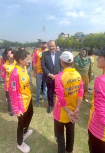 Chairman Prime Minister's Youth Programme Rana Mashhood Ahmed Khan while interacting with sportswomen from women cricket camp 2024.