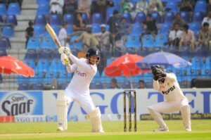 Pakistani bowler Sajid Khan celebrates after taking wicket of England batsman Ollie Pope during 2nd day of the Second Test Match between Pakistan and England at Multan Cricket Stadium.