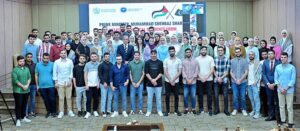 Prime Minister Muhammad Shehbaz Sharif in a group photo with students of Palestine who recently arrived in Pakistan to complete their medical education