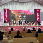 CEO Pakistan Textile Council, Sheikh Muhammad Iqbal speaks during the Seminar from Waste to Worth Curricular Innovations in Pakistan second day of the 5th International Textile and Leather Exhibition TEXPO 2024. Mr. Boudewijn Mol Director M/S Bedding House, Mr Usman Khan Investment Trade and Climate Finance Advisor REMIT and others also seen on the stage
