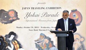 The Deputy Governor of the State Bank of Pakistan, Saleemullah, addresses the ceremony for the Japan Traveling Exhibition 'Yokai Parade,' featuring supernatural monsters from Japan, at the State Bank Museum .