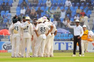 Pakistani bowler Sajid Khan celebrates after taking wicket of England batsman Ollie Pope during 2nd day of the Second Test Match between Pakistan and England at Multan Cricket Stadium.