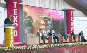 CEO Pakistan Textile Council, Sheikh Muhammad Iqbal speaks during the Seminar from Waste to Worth Curricular Innovations in Pakistan second day of the 5th International Textile and Leather Exhibition TEXPO 2024. Mr. Boudewijn Mol Director M/S Bedding House, Mr Usman Khan Investment Trade and Climate Finance Advisor REMIT and others also seen on the stage