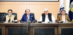 Federal Minister for Finance & Revenue, Senator Muhammad Aurangzeb, along with Chairman FBR, Mr. Rashid Mahmood Langrial, addresses a press conference to brief about the study conducted by FBR regarding sales tax evasion across different sectors of the economy.