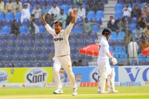 Pakistani bowler Sajid Khan celebrates after taking wicket of England batsman Ollie Pope during 2nd day of the Second Test Match between Pakistan and England at Multan Cricket Stadium.