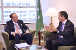 Federal Minister for Finance and Revenue Senator Muhammad Aurangzeb in a meeting with Mohammad Kallala, Global Head of Corporate and Investment Banking Business, Natixis