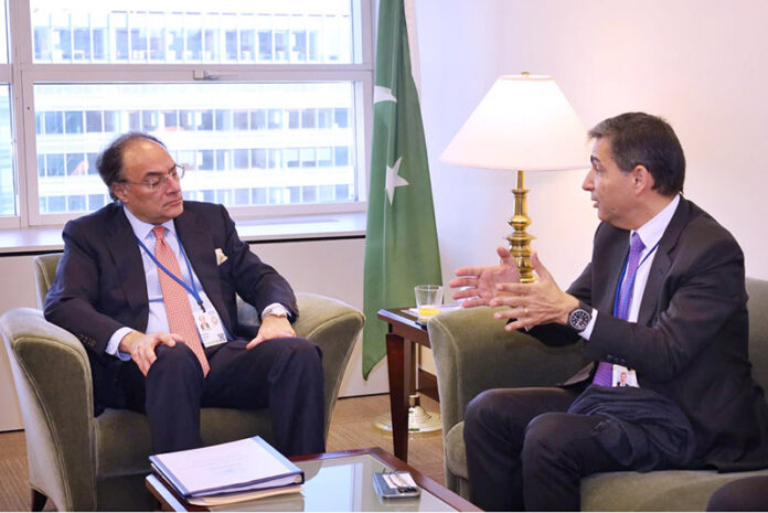 Federal Minister for Finance and Revenue Senator Muhammad Aurangzeb in a meeting with Mohammad Kallala, Global Head of Corporate and Investment Banking Business, Natixis