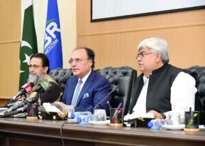 Federal Minister for Finance & Revenue, Senator Muhammad Aurangzeb, along with Chairman FBR, Mr. Rashid Mahmood Langrial, addresses a press conference to brief about the study conducted by FBR regarding sales tax evasion across different sectors of the economy.