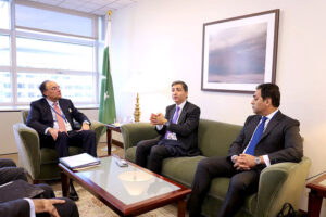 Federal Minister for Finance and Revenue Senator Muhammad Aurangzeb in a meeting with Mohammad Kallala, Global Head of Corporate and Investment Banking Business, Natixis