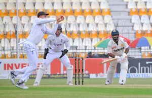 Pakistani bowler Sajid Khan celebrates after taking wicket of England batsman Ollie Pope during 2nd day of the Second Test Match between Pakistan and England at Multan Cricket Stadium.