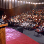 The Sindh Chief Minister Syed Murad Ali Shah addressing the award distribution ceremony under the World Culture Festival Karachi at Arts Council of Pakistan