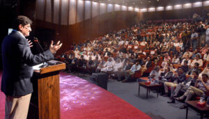 The Sindh Chief Minister Syed Murad Ali Shah addressing the award distribution ceremony under the World Culture Festival Karachi at Arts Council of Pakistan