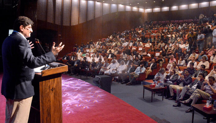 The Sindh Chief Minister Syed Murad Ali Shah addressing the award distribution ceremony under the World Culture Festival Karachi at Arts Council of Pakistan