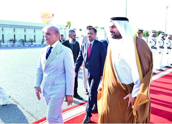 Prime Minister Muhammad Shehbaz Sharif arrives at Doha International Airport for his 2 day official visit of Qatar. He is being received by Qatar's Minister of State, Muhammad bin Abdulaziz Al-Khulaifi