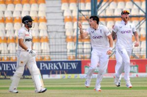 Pakistani bowler Sajid Khan celebrates after taking wicket of England batsman Ollie Pope during 2nd day of the Second Test Match between Pakistan and England at Multan Cricket Stadium.