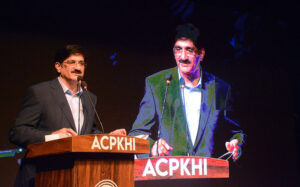 The Sindh Chief Minister Syed Murad Ali Shah addressing the award distribution ceremony under the World Culture Festival Karachi at Arts Council of Pakistan