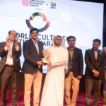 The Chief Minister Syed Murad Ali Shah giving away award to a diplomat during the award distribution ceremony under the World Culture Festival Karachi at Arts Council of Pakistan