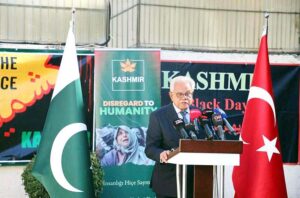 Deputy Chairman Saadat Party and Member Parliament Mr. Mahmut Arikan speaking at an event organized to commemorate Kashmir Black Day.