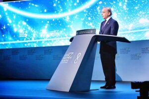 Prime Minister Muhammad Shehbaz Sharif delivering his keynote speech at the 8th meeting of Future Investment Initiative