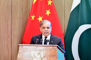 Prime Minister Muhammad Shehbaz Sharif addressing an MoU signing ceremony between Pakistan and China during visit of Chinese Premier.