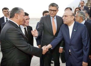 President, Asif Ali Zardari being presented with traditional bread and flowers upon his arrival at Ashgabat Airport.