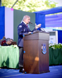 Prime Minister Muhammad Shehbaz Sharif addresses the Police Darbar at the Police Lines Headquarters.